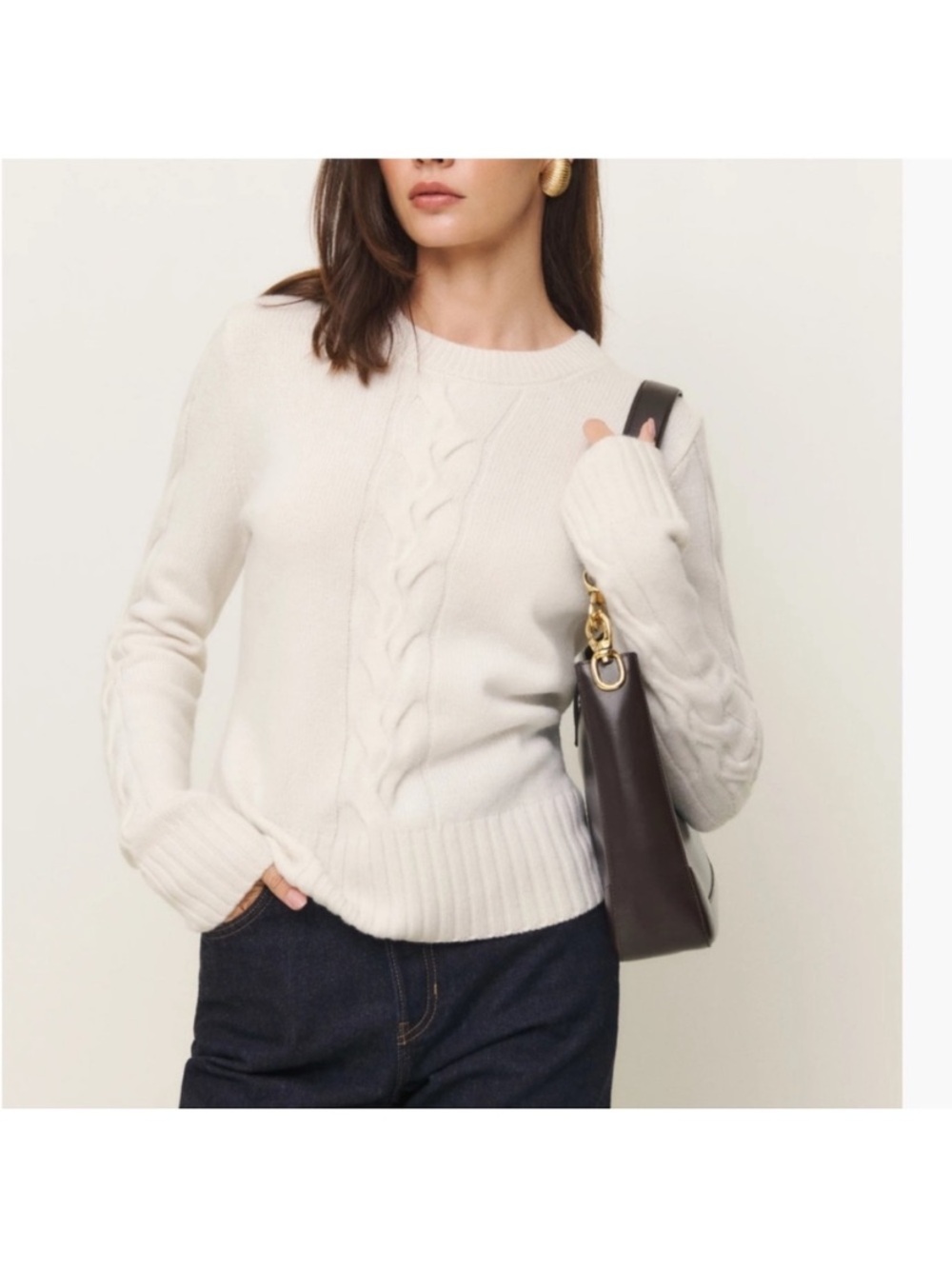 Reformation Dawson Regenerative Wool Cable Sweater Ivory XS 100% Merino Wool